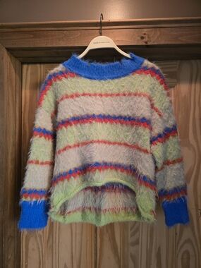 O Urban Outfitters Fuzzy Striped Crewneck Sweater in Blue, Green, Red Small